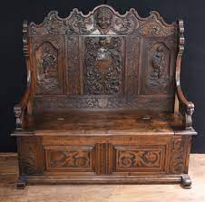 Antique Carved Oak Settle 18th Century Monks Bench Seat Monks Bench Carved Bench Antiques For Sale