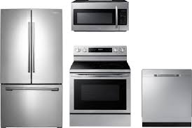 Samsung 4 Piece Kitchen Appliances Package With French Door Refrigerator Electric Range Dishwasher And Over The Range Microwave In Stainless Steel Stainless Steel Sareradwmw12525 In 2020 Kitchen Appliance Packages French Door