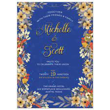 Royal Blue And Gold Floral Wedding Invitation Blue Wedding Invitations Wedding Invitation Design Royal Blue Wedding