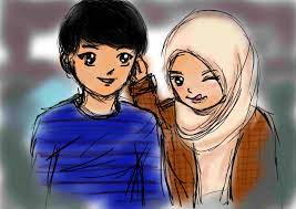 Model kebaya couple yang satu ini sangat cocok digunakan bersama si kecil. Gambar Kartun Muslimah Romantis Berpasangan