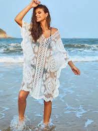 Embroidered Sheer Mesh Kaftan Dress White In 2021 Dress Cover Beachwear For Women Kaftan Dress