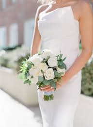 Bridal Bouquet With White Roses And Eucalyptus Leaves Wrapped With Pale Blue Ribbon Bride Bouquets White White Roses Wedding Beach Wedding Bouquets