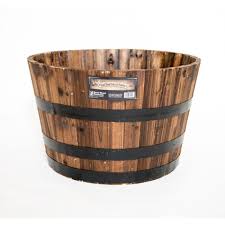 Real Wood 26 In Dia Cedar Half Whiskey Barrel Planter G3056 The Home Depot Half Whiskey Barrels Barrel Planter Whiskey Barrel Planter