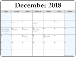 December 2018 Calendar With International Holidays Holiday Calendar Holiday Printables Holiday