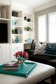 Living Rooms Windsor Smith Riad Gray Walls White Built Ins Espresso Microfiber Sectional Sofa Stri Living Room Turquoise Family Room Design Teal Living Rooms