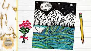 draw a mountain in front of sea at night رسم منظر بحر رائع وسط الجبال cards playing cards