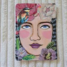 ORIGINAL ACEO FOLK Art Painting Girl Woman Bird Flowers Floral Botanical  Jungle $8.28