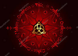 Light candles in a circle around the. Book Of Shadows Wheel Of The Year Modern Paganism Wicca Wiccan Calendar And Holidays Red Compass With In The Middle Gold Triquetra Symbol From Charmed Celtic Vector Isolated On Black Background