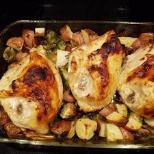 Pan Roasted Chicken With Lemon Garlic Brussels Sprouts And Potatoes Recipe Sheet Pan Suppers Brussel Sprouts Sheet Pan Dinners