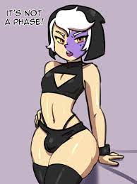 1boy bulge darkeros13 eyebrows femboy goth hand on hip looking at  viewer male male only multicolored skin navel orange eyes purple body  talking to viewer text the collector (the