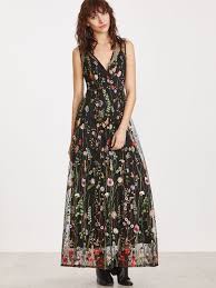 Shop Black Surplice Front Embroidered Mesh Overlay Maxi Dress Online Shein Offers Black Surplice Front Embroidered M Embroidered Mesh Dress Maxi Dress Dresses