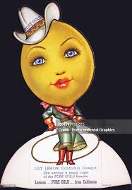 A fruit die cut advertisement is a cowgirl lemon with a lasso... News Photo 