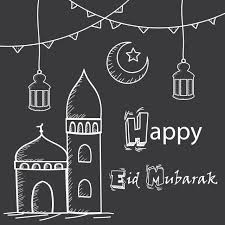 happy eid mubarak greeting hand drawing style with mosque lanterns and crescent moon happy png and vector with transparent background for free download eid mubarak greetings eid mubarak wishes images happy