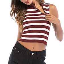 Amazon Com Enjocho Womens Summer Zipper Stripe Round Neck