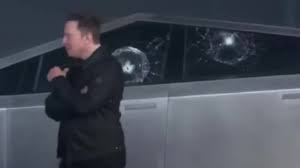 It's at about 7 mins 33 seconds in that the 'indestructible' 'bulletproof' windows fail, leaving musk to finish his stage presentation, literally standing in front of a failed demonstration model. Elon Musk S Fortune Hit After Tesla Cybertruck Launch Fiasco Business News Sky News