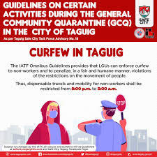 Nasa ilalim din po ng gcq with heightened restrictions ang mga probinsiya ng ilocos norte, ilocos sur na dati rati po ay nasa (modified) gcq. I Love Taguig Twitterren Curfew During Gcq A City Wide Curfew From 8 00 Pm To 5 00 Am Will Be In Effect The Iatf Omnibus Guidelines Provides That Lgus Can Enforce Curfew To Non Workers