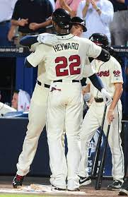 Jason Heyward 22 Of The Atlanta Braves Is Congratulated By Freddie Freeman 5 After Hitting A Third Inning Home Atlanta Braves Atlanta Braves Baseball Braves