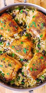 Chicken Thighs With Mushroom Rice Chicken Thighs Mushrooms Pan Chicken Thighs Chicken Thigh And Rice Recipe