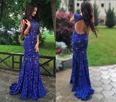 Sparkly Royal Blue Lace Evening Gowns Sequins Beaded Open Back Mermaid Prom Dress See Through Sweep Train Cocktail Party Dress Big Prom Dresses Black
