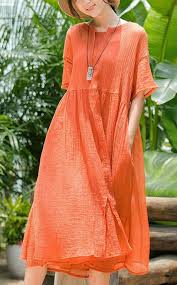 Modern Orange Cotton Wardrobes Casual Tunic Tops O Neck Two Pieces A Line Summer Dress Summer Fashion Dresses Cotton Blends Dress Cotton Dress Outfit