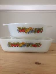 Vintage Fire King Anchor Hocking Round Casserole 436 Fruit Harvest Pattern 1 Quart And Loaf Pan 441 Set Pyrex Vintage Vintage Fire King Vintage Glassware