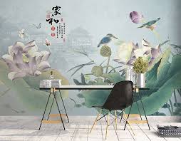 Tapisserie Sur Mesure Lotus Violet Oiseau Poster Chinois Atelier Wybo Tapisserie Murale Papier Peint Floral Tapisserie