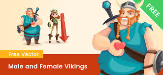 Scandinavian mythologyy characters norway costume vikings warrior male and female vector illustrations. Male And Female Viking Cartoon Characters Vector Characters
