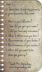 5 Questions To Ask Your Parents Or Grandparents This Week Week 1 Teach Me Genealogy Family History Projects Family History Book Family Genealogy