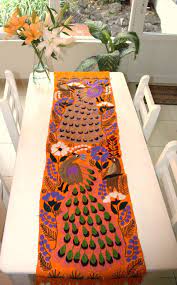 Approximately 79 long by 17 wide. Orange Peacock Embroidered Chiapas Runner Mexican Decor Textile Wall Hangings Decor