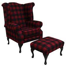 10 apr, 2021 16:08:24 bst. Chesterfield Edward Queen Anne Wool Tweed Wing Chair Fireside High Back Armchair Buffalo Red Check Footstool