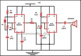 The power connections to the chip are through pins 1 (ground) and 8 (+vcc). Police Siren Circuit Using 555 Timer