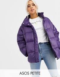 Asos Design Petite Puffer Jacket With Detachable Sleeves In Purple Asos Purple Jacket Outfit Puffer Jacket Outfit Winter Jacket Outfits