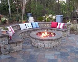 Backyard Landscape And Patio Design With Outdoor Fireplace Ideas Also Curved Stone Bench Seating And Outdoor Cushions Backyard Fire Backyard Fire Pit Backyard