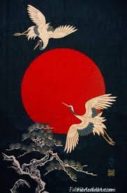Cranes With Red Moon Japanese Cranes With Pine Metallic Gold Outlines Japanese Fabric Panel Sides Are Raw Edg Japanese Art Japanese Tattoo Art Japanese Artwork