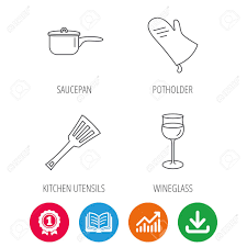 Saucepan Potholder And Wineglass Icons Kitchen Utensils Linear