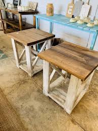 Rustic Handmade End Tables Set With Shelve Distressed White Etsy In 2020 Farmhouse End Tables Rustic Side Table Rustic End Tables