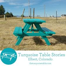 Last Week I Painted A Child S Picnic Table Nifty Turquoise And Placed It In The Front Of My House By The Dirt Road Wi Turquoise Table Picnic Table Front Yard