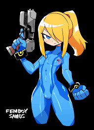 rariatto (ganguri), samus aran, metroid, nintendo, highres, 1boy, black  background, blue bodysuit, blue eyes, blush, bodystocking, bodysuit, bulge,  character name, clenched hands, closed mouth, covered erect nipples, cowboy  shot, cropped legs, frown,