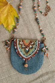 Boho Denim Purse Necklacebeaded Amulet Bag Necklacetextile Etsy Boho Purses Denim Purse Boho Jewellery Necklaces
