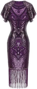 Amazon Com 1920s Knee Length Flapper Party Dress Layer Tassels Hem Sequined Cap Sleeve Cocktail L Pur In 2020 Cocktail Dress Party Flapper Party New Years Eve Dresses