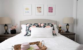 Nov 24, 2020 · a cool girlish bedroom with a grey bed, pink and neutral bedding, a blush rug, a beaded chandelier and touches of gold. A Bright And Airy Bedroom Refresh 204 Park