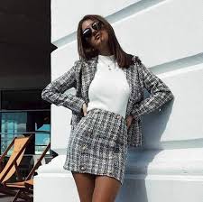 Black And White Plaid Skirt And Blazer Set Confident Womens Tweed Blazer And Skirt Suits Plaid In 2020 Matching Sets Outfit Suits For Women Womens Skirt