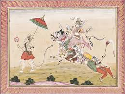 Opaque Pigments Heightened With Gold On Paper The Crowned Deity Wearing A Diaphanous Pink Sari And Carrying Her Attributes The Tig Hindu Art Indian Art Durga