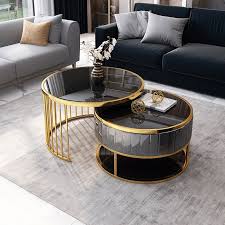 For one, they're aesthetically pleasing. Modern Round Gold Gray Coffee Table With Shelf Tempered Glass Top Table Only Coffee Table With Shelf Nesting Coffee Tables Coffee Table