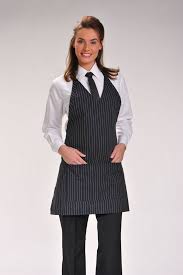Unisex Black Pinstripe V Neck Apron Restaurant Uniforms From Ambassador Uniforms Restaurant Uniforms Women Wearing Ties Chef Dress