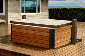 The Covana Horizon Hot Tub Cover Easily Raises And Closes To Provide Security And Protection To Your Hot Tub Hot Tub Backyard Hot Tub Cover Pool Hot Tub