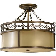 Victorian period ceiling light in aged brass withtiffany shades. Traditional Edwardian Low Ceiling Light In Bronze With Amber Glass