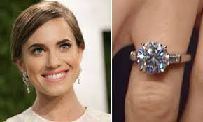 Actress Alison Williams Engagement Ring Is A Stunning Solitaire Diamond Set On A Pl Celebrity Wedding Rings Celebrity Engagement Rings Small Engagement Rings