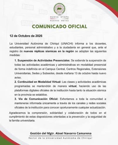 UNACHI suspende clases presenciales por nuevas réplicas sísmicas