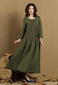 Pleated Linen Dress In Green Long Linen Winter Dress Maxi Shirt Dress Custom Trending Fashion Outfits Fashion Linen Dress Women
